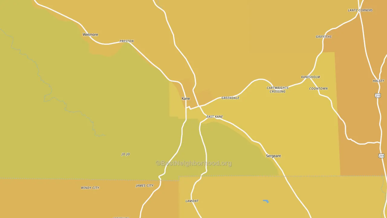 Map of the best neighborhoods in the Kane area, with better matches in green and worse matches in red
