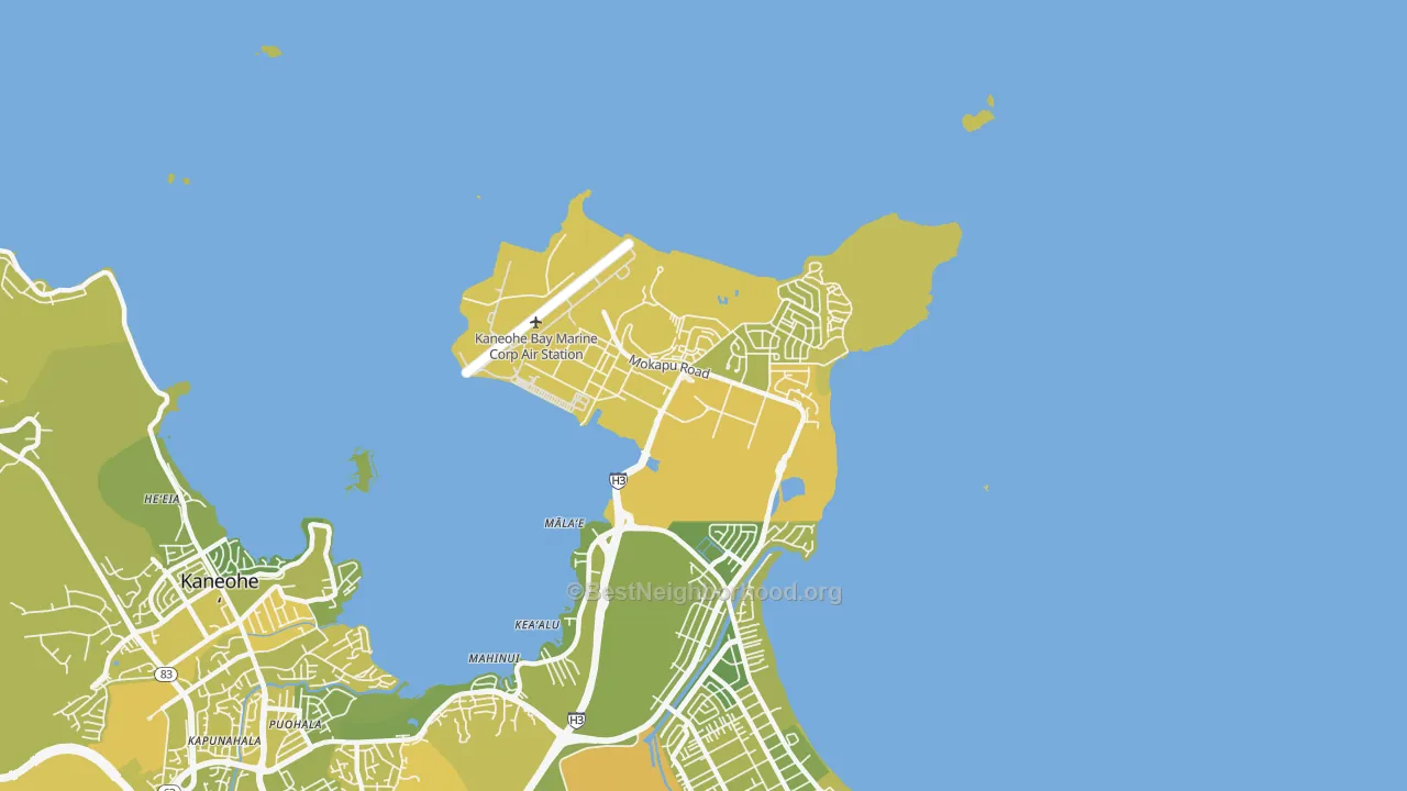 Map of the best neighborhoods in the Kaneohe Bay area, with better matches in green and worse matches in red