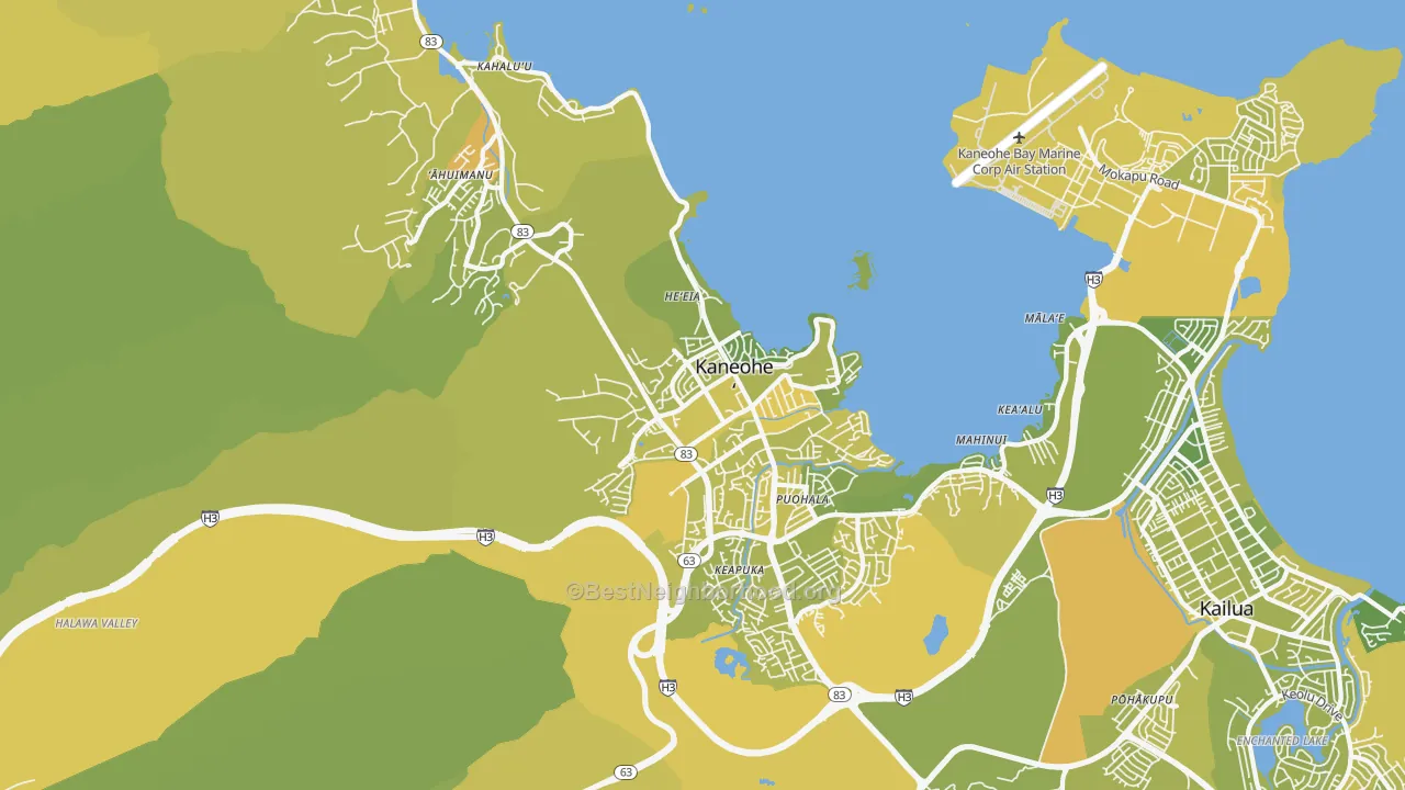 Map of the best neighborhoods in the Kaneohe area, with better matches in green and worse matches in red