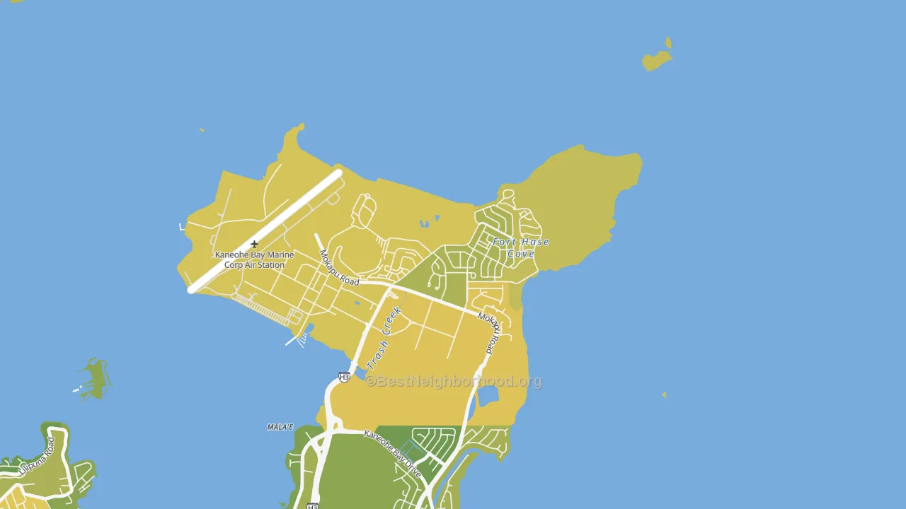 Map of the best neighborhoods in the Kaneohe Station area, with better matches in green and worse matches in red