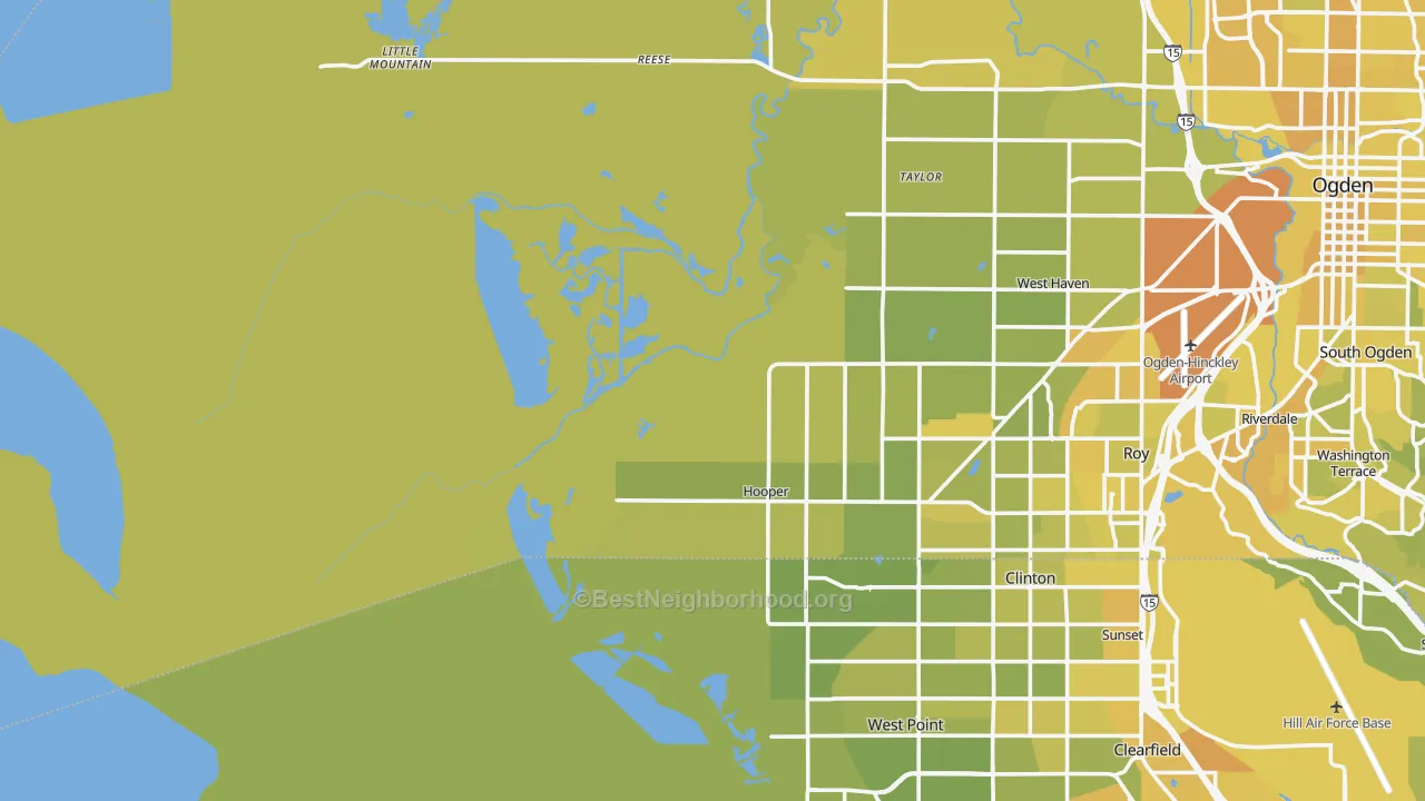 Map of the best neighborhoods in the Kanesville area, with better matches in green and worse matches in red