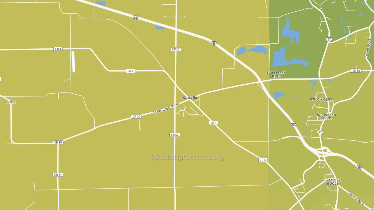 Map of the best neighborhoods in the Kaneville area, with better matches in green and worse matches in red