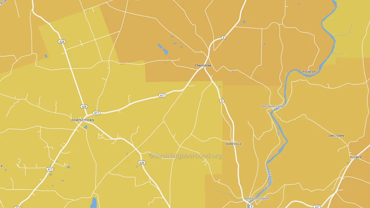 Map of the best neighborhoods in the Kaneville area, with better matches in green and worse matches in red