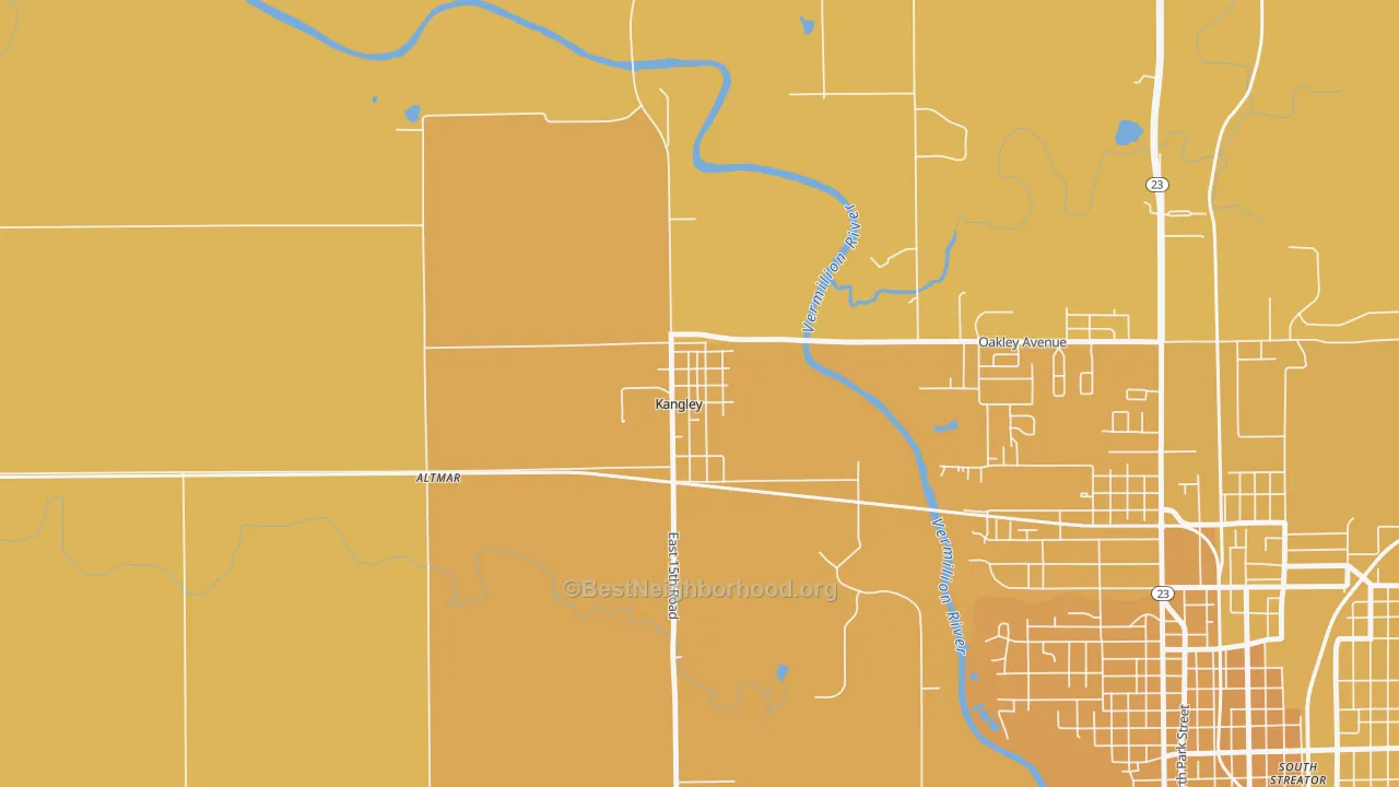 Map of the best neighborhoods in the Kangley area, with better matches in green and worse matches in red
