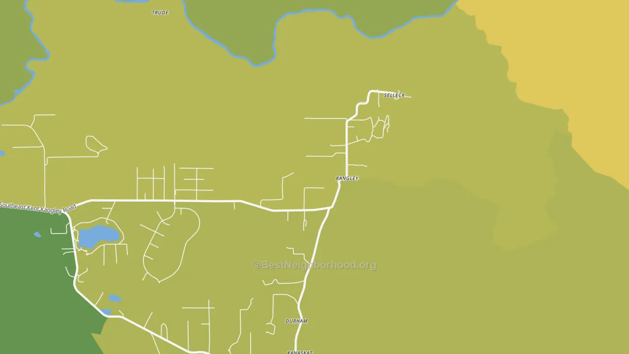 Map of the best neighborhoods in the Kangley area, with better matches in green and worse matches in red
