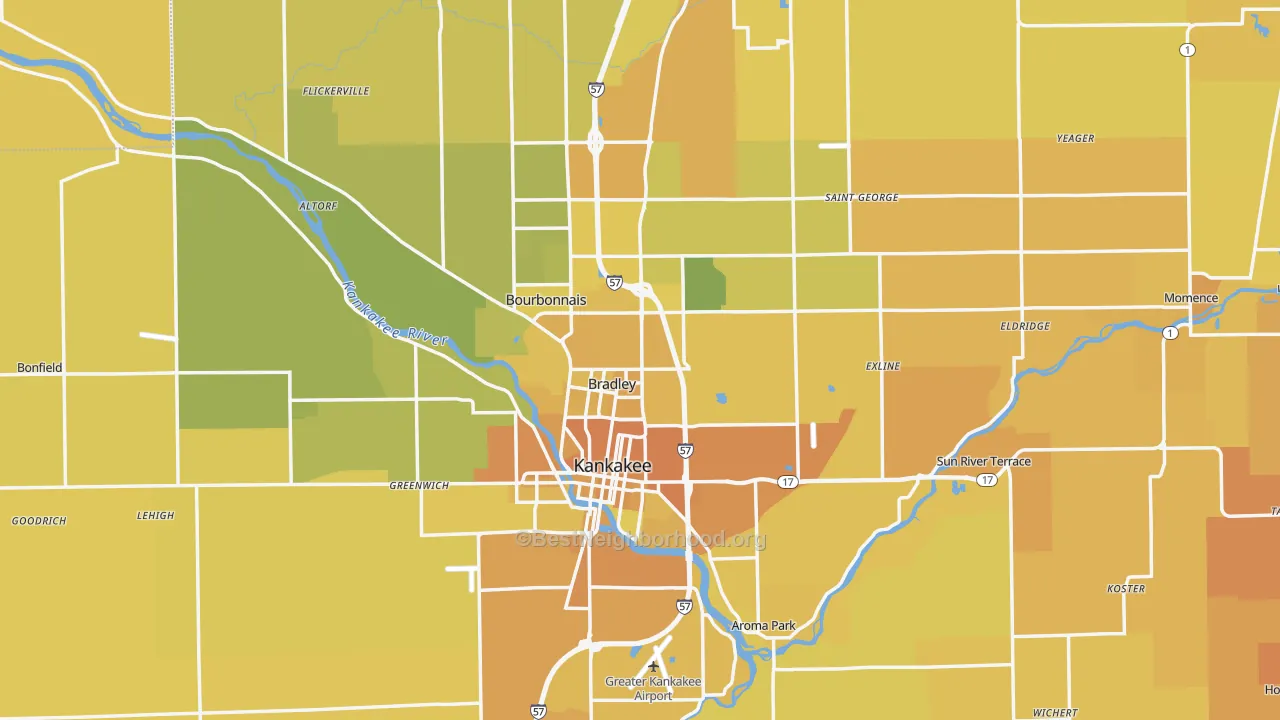 Map of the best neighborhoods in the Kankakee County area, with better matches in green and worse matches in red