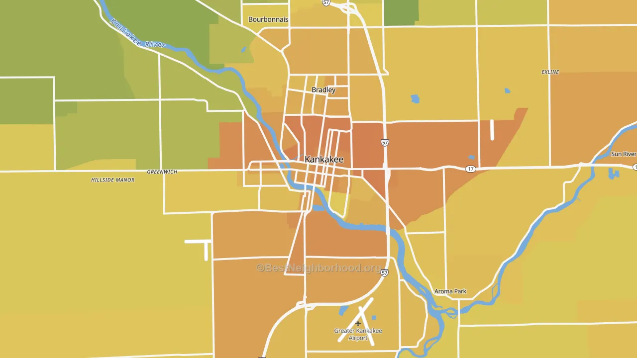 Map of the best neighborhoods in the Kankakee Metro area, with better matches in green and worse matches in red