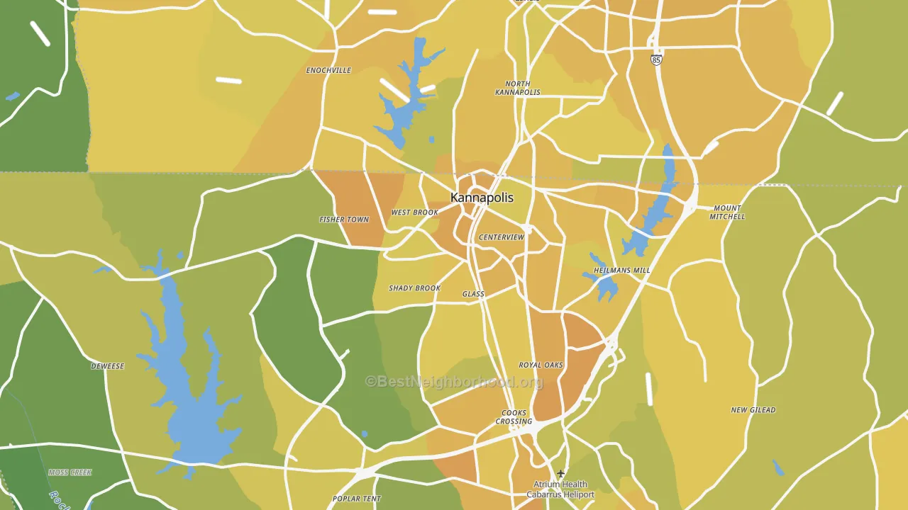 Map of the best neighborhoods in the Kannapolis area, with better matches in green and worse matches in red