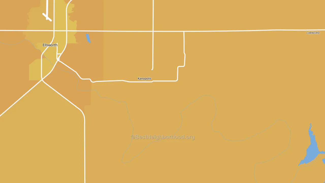 Map of the best neighborhoods in the Kanopolis area, with better matches in green and worse matches in red
