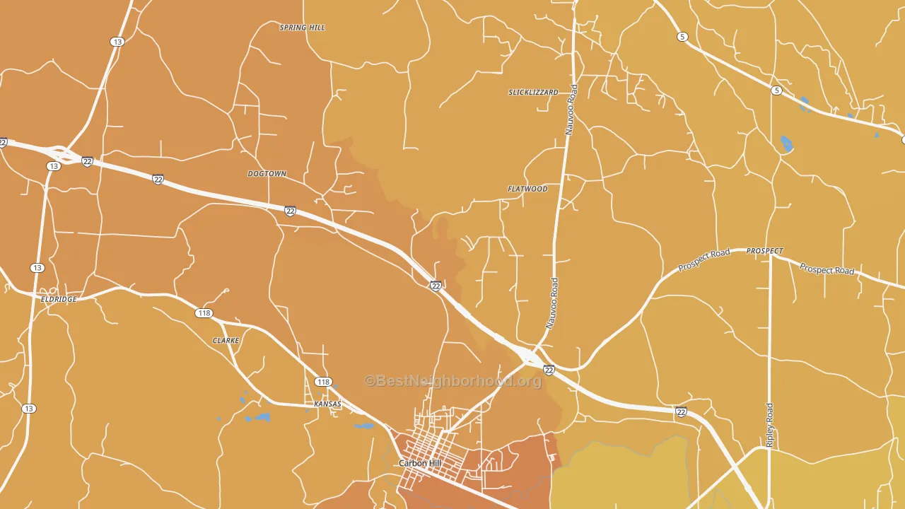 Map of the best neighborhoods in the Kansas area, with better matches in green and worse matches in red