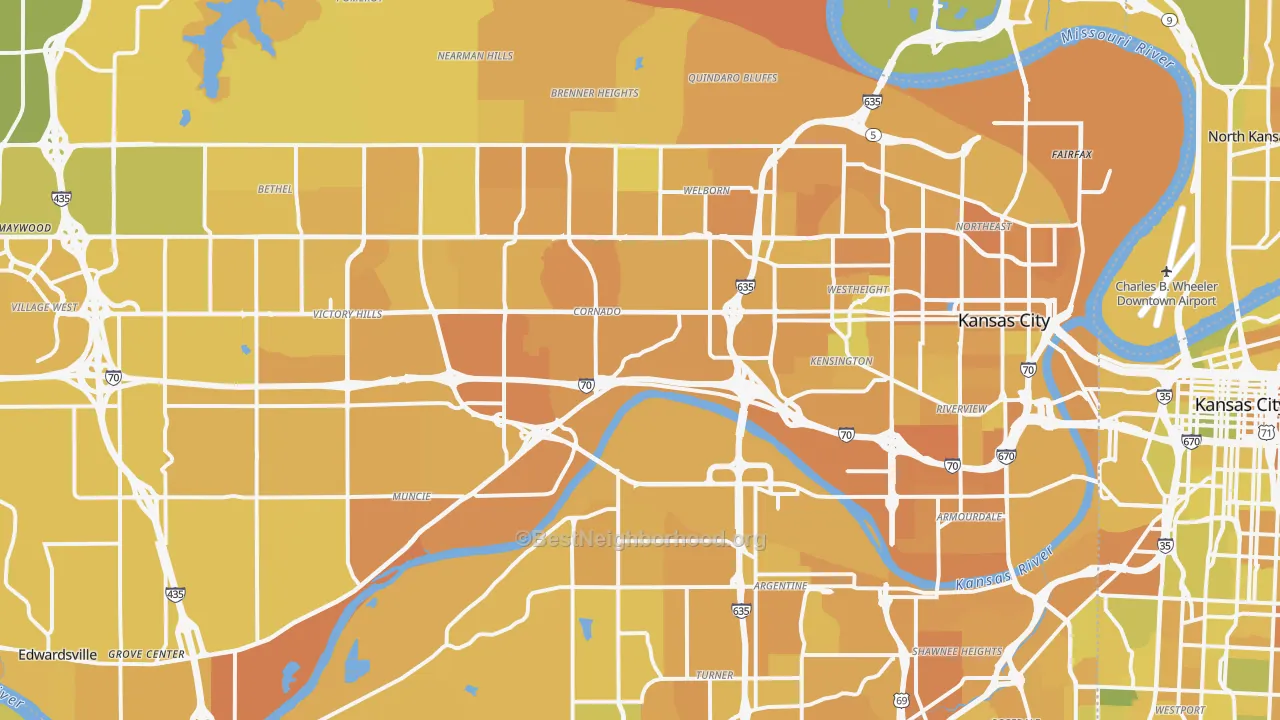Map of the best neighborhoods in the Kansas City area, with better matches in green and worse matches in red
