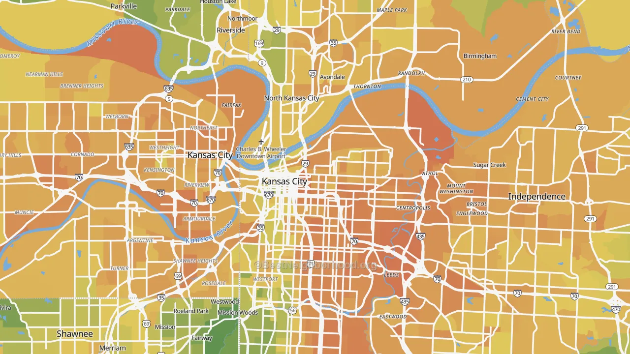 Map of the best neighborhoods in the Kansas City Metro area, with better matches in green and worse matches in red