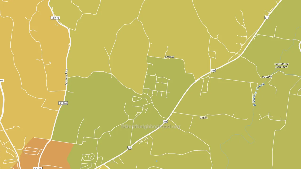 Map of the best neighborhoods in the Kansas area, with better matches in green and worse matches in red