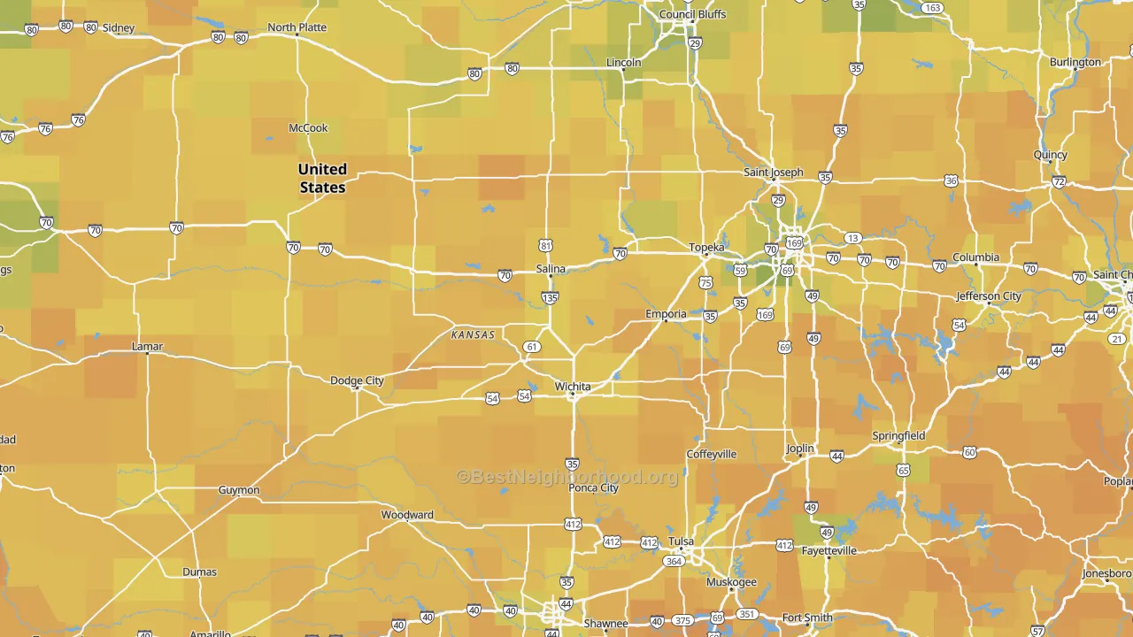 Map of the best neighborhoods in the Kansas area, with better matches in green and worse matches in red