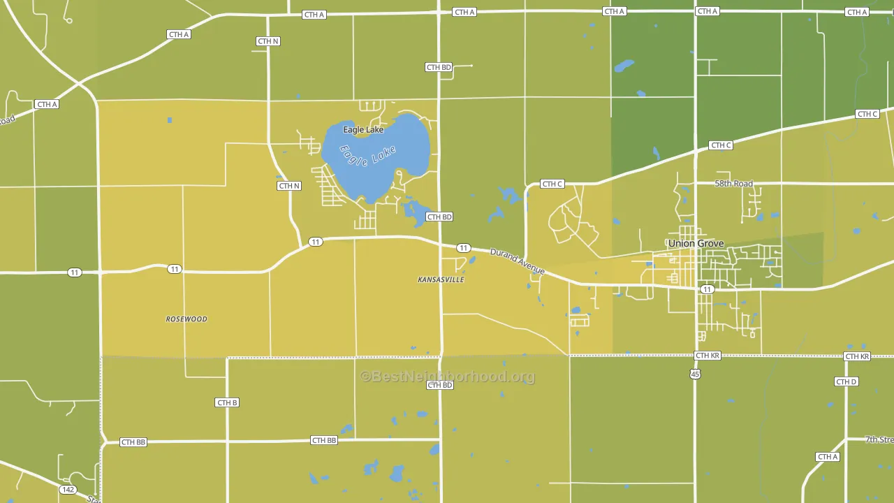 Map of the best neighborhoods in the Kansasville area, with better matches in green and worse matches in red