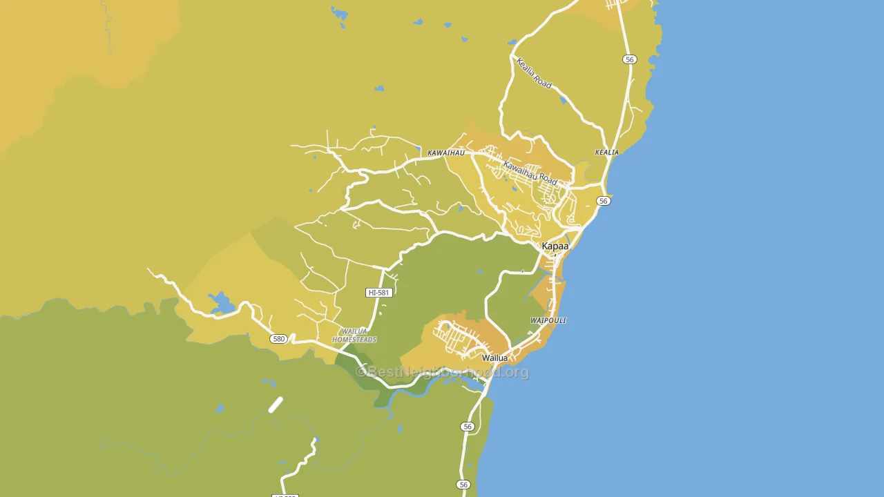 Map of the best neighborhoods in the Kapaa area, with better matches in green and worse matches in red