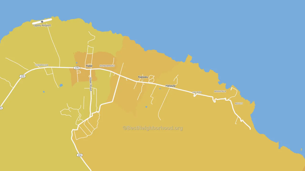 Map of the best neighborhoods in the Kapaau area, with better matches in green and worse matches in red