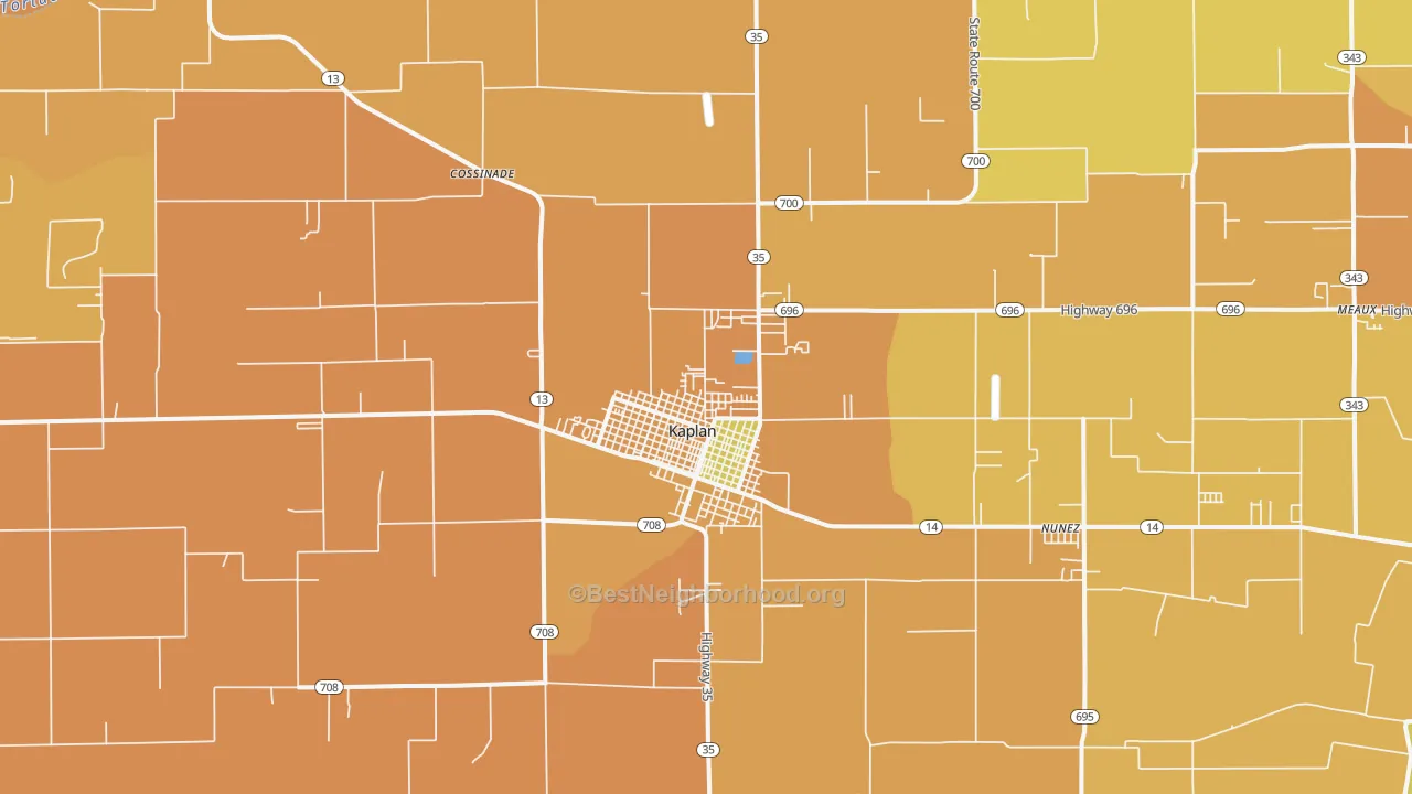 Map of the best neighborhoods in the Kaplan area, with better matches in green and worse matches in red