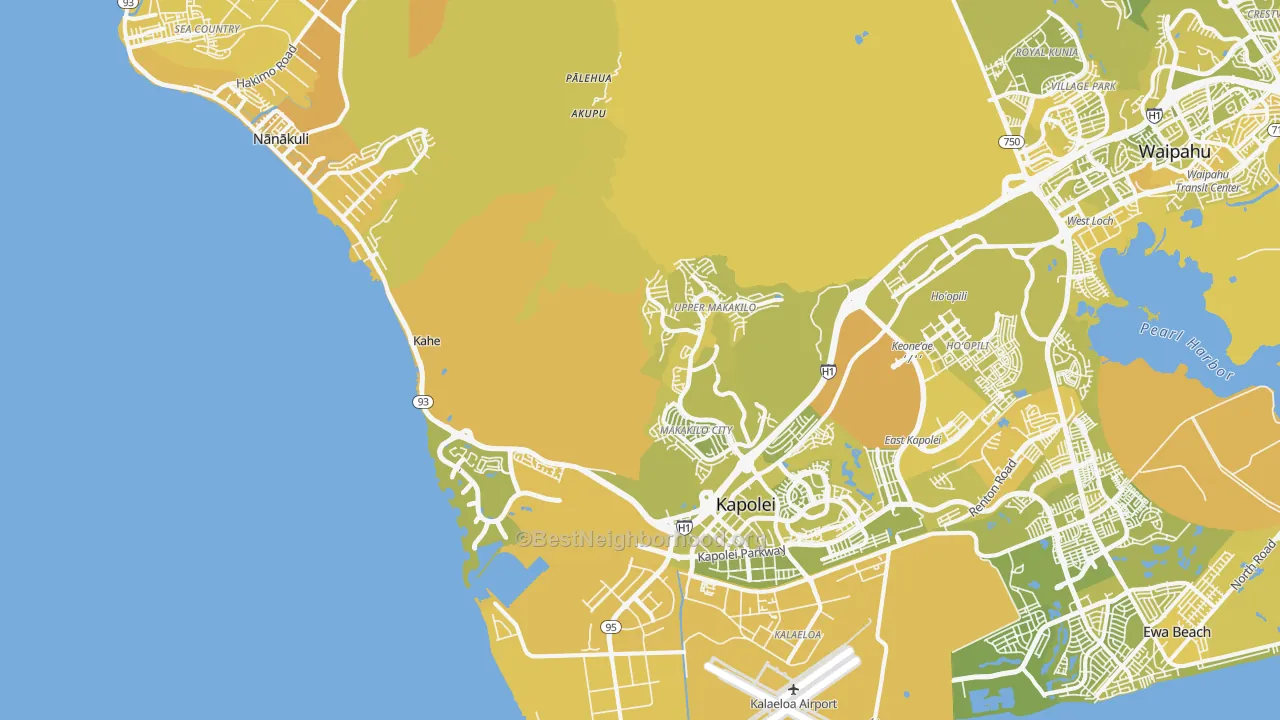 Map of the best neighborhoods in the Kapolei area, with better matches in green and worse matches in red