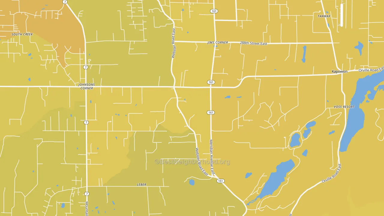Map of the best neighborhoods in the Kapowsin area, with better matches in green and worse matches in red