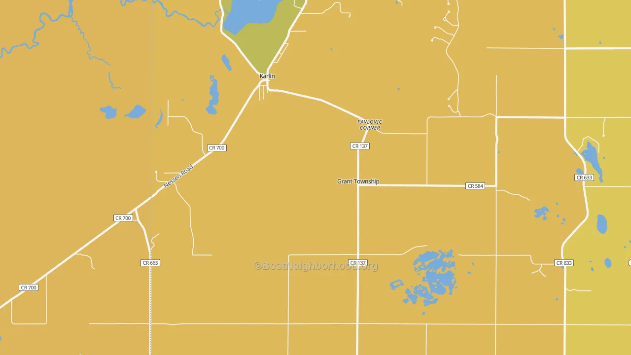 Map of the best neighborhoods in the Karlin area, with better matches in green and worse matches in red