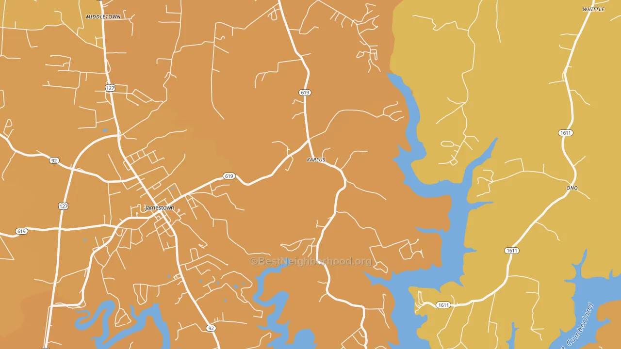 Map of the best neighborhoods in the Karlus area, with better matches in green and worse matches in red