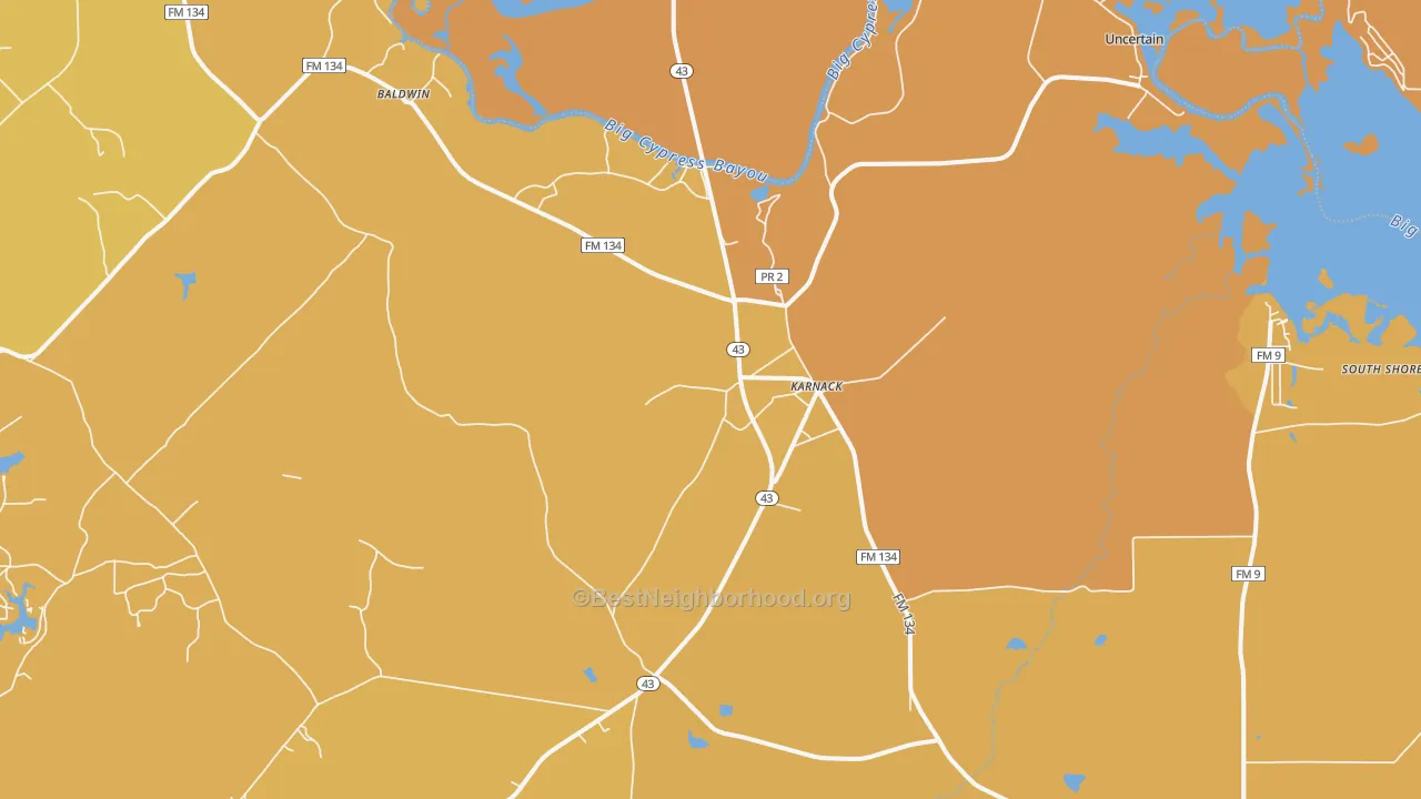 Map of the best neighborhoods in the Karnack area, with better matches in green and worse matches in red