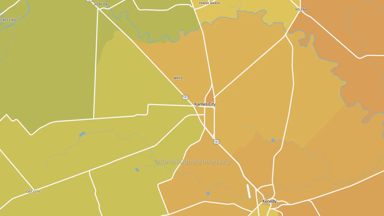 Map of the best neighborhoods in the Karnes City area, with better matches in green and worse matches in red