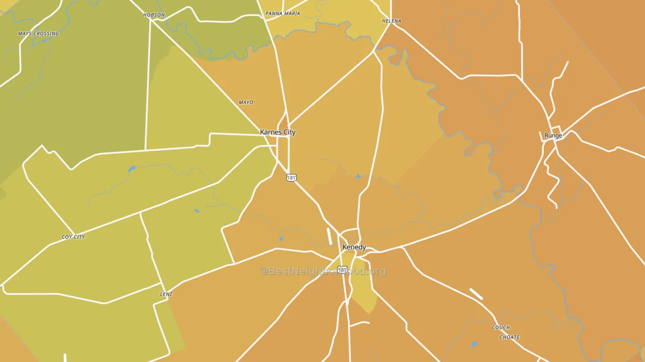 Map of the best neighborhoods in the Karnes County area, with better matches in green and worse matches in red