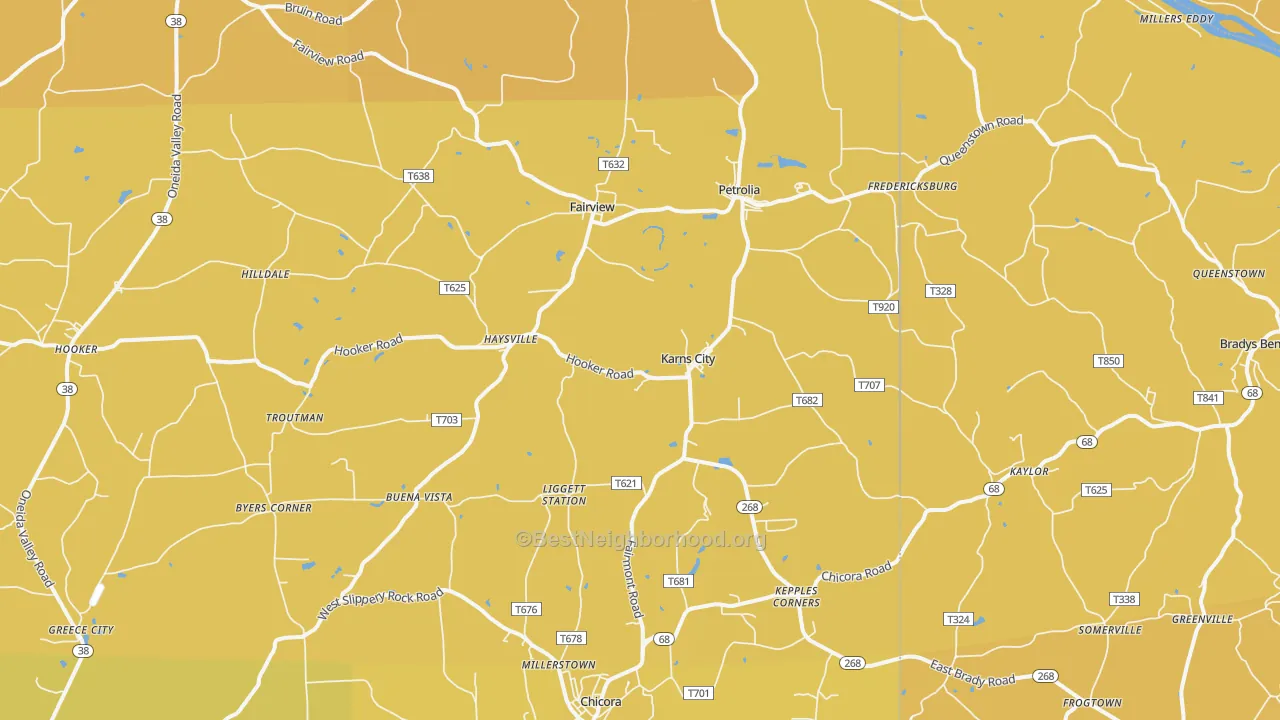 Map of the best neighborhoods in the Karns City area, with better matches in green and worse matches in red