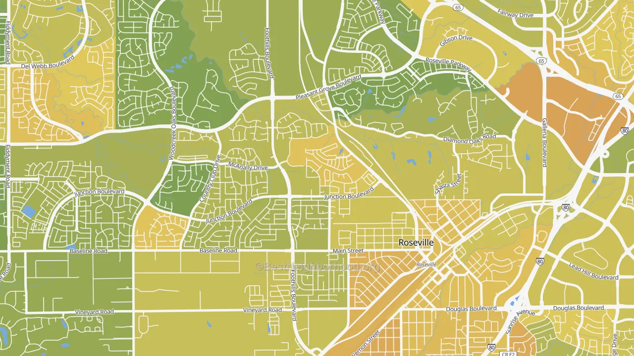 Map of the best neighborhoods in the Kaseberg-Kingswood, Roseville area, with better matches in green and worse matches in red
