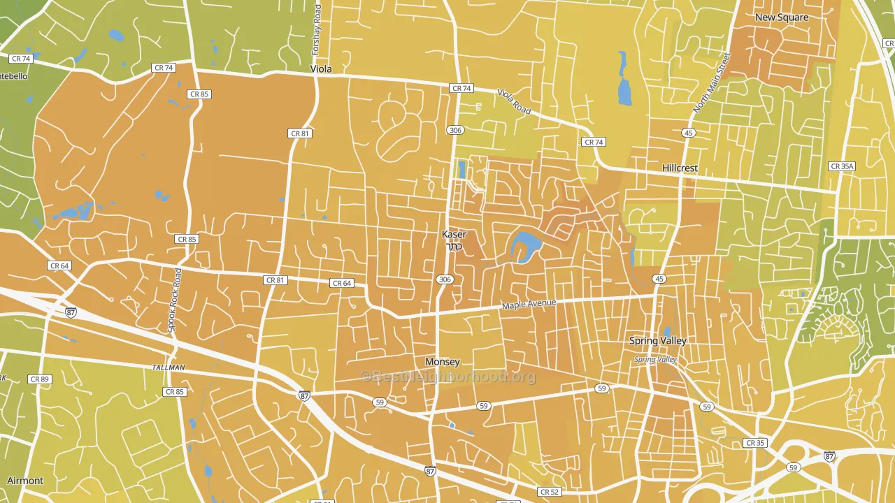 Map of the best neighborhoods in the Kaser area, with better matches in green and worse matches in red