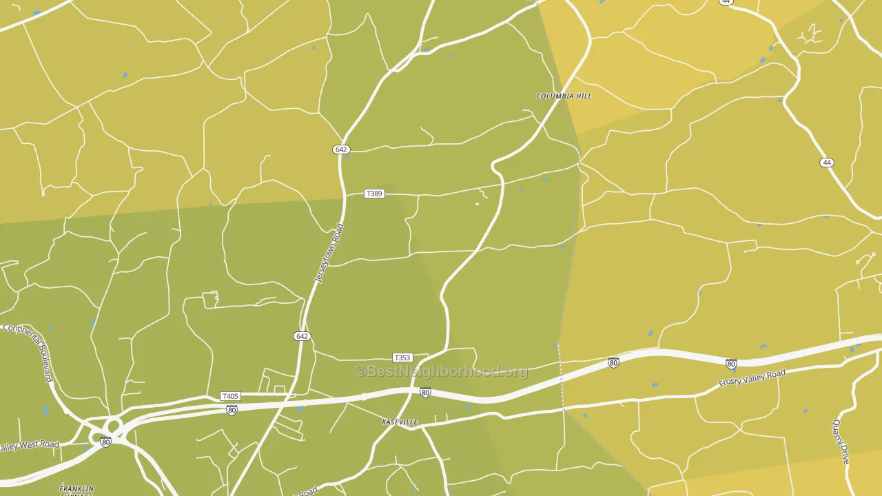 Map of the best neighborhoods in the Kaseville area, with better matches in green and worse matches in red