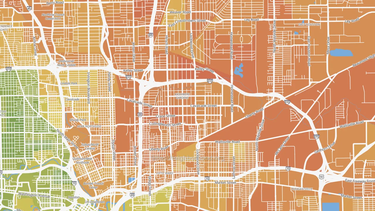 Map of the best neighborhoods in the Kashmere Gardens, Houston area, with better matches in green and worse matches in red