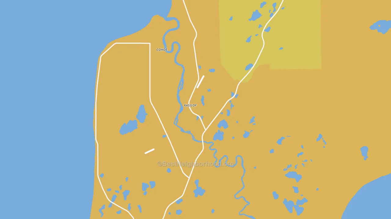 Map of the best neighborhoods in the Kasilof area, with better matches in green and worse matches in red