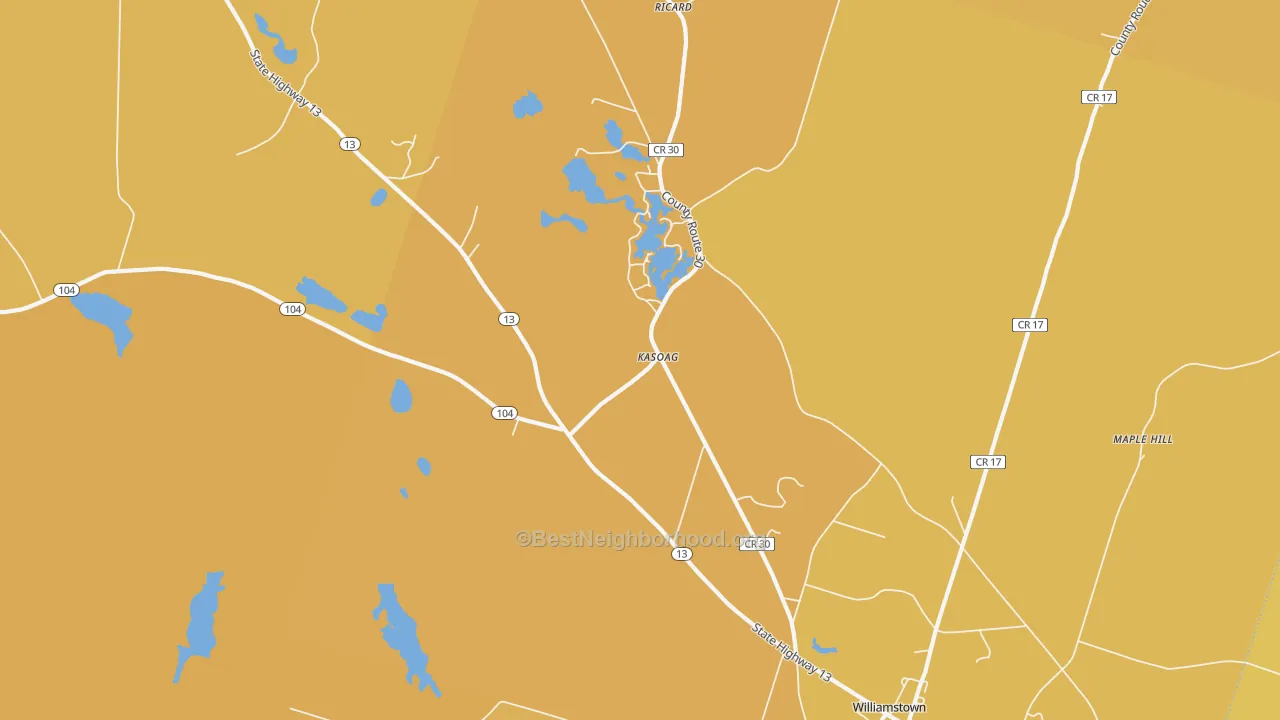 Map of the best neighborhoods in the Kasoag area, with better matches in green and worse matches in red