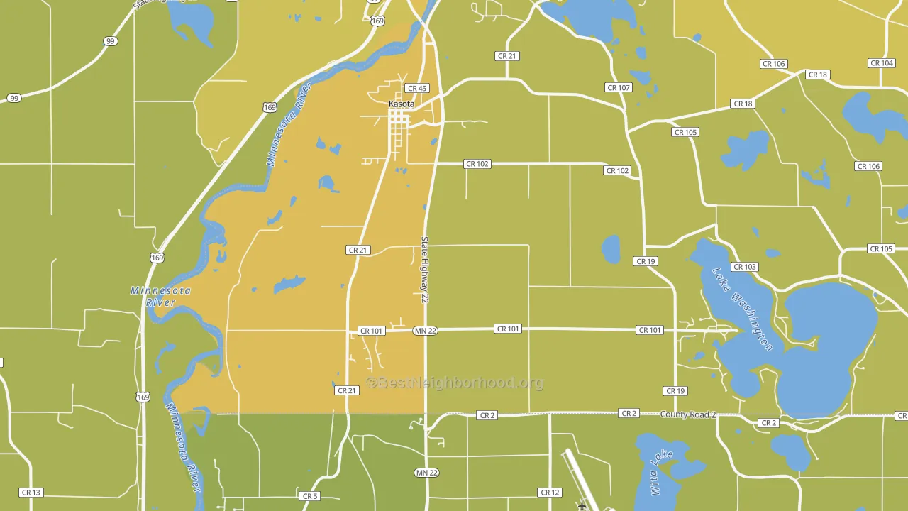 Map of the best neighborhoods in the Kasota area, with better matches in green and worse matches in red