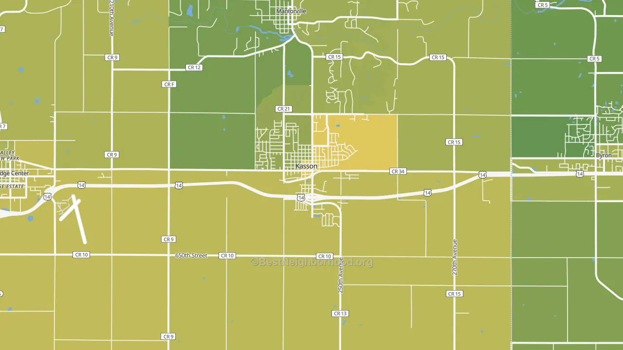 Map of the best neighborhoods in the Kasson area, with better matches in green and worse matches in red