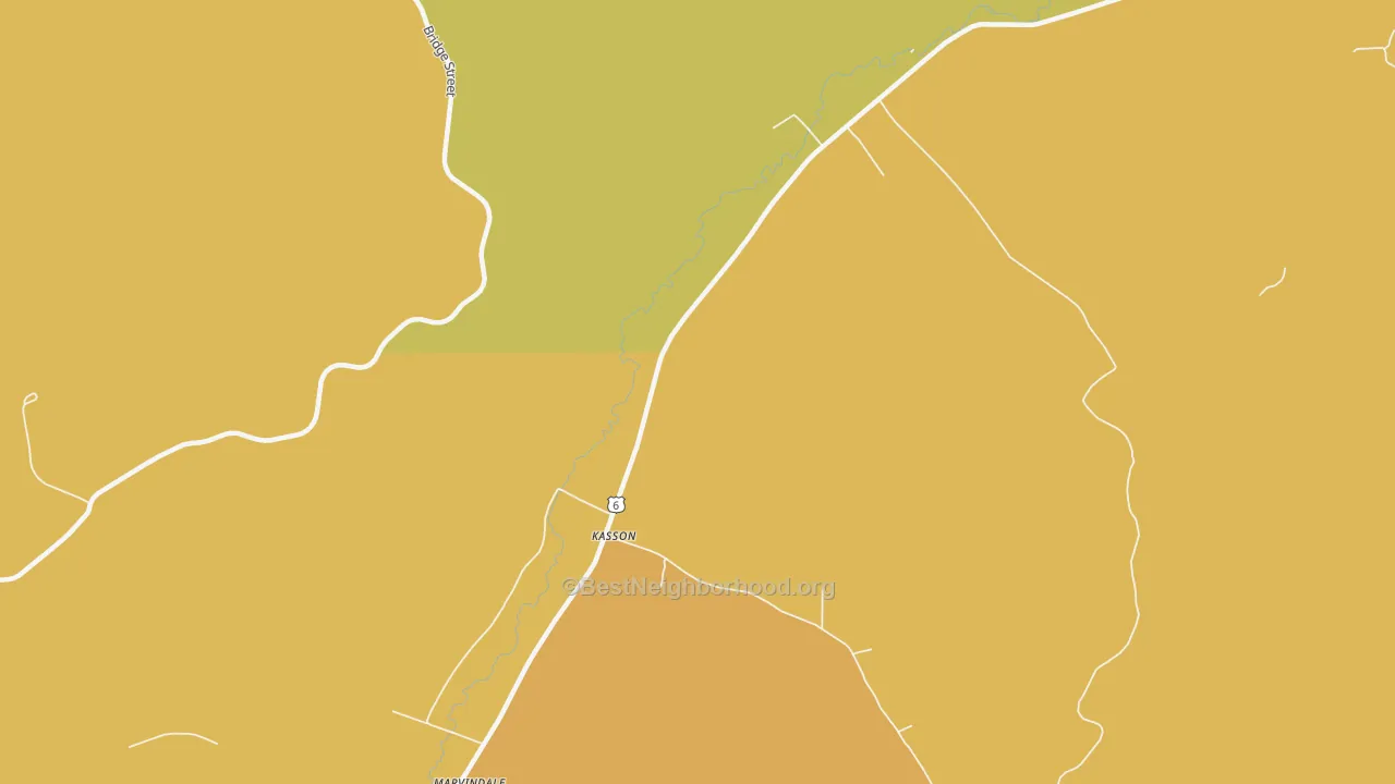 Map of the best neighborhoods in the Kasson area, with better matches in green and worse matches in red
