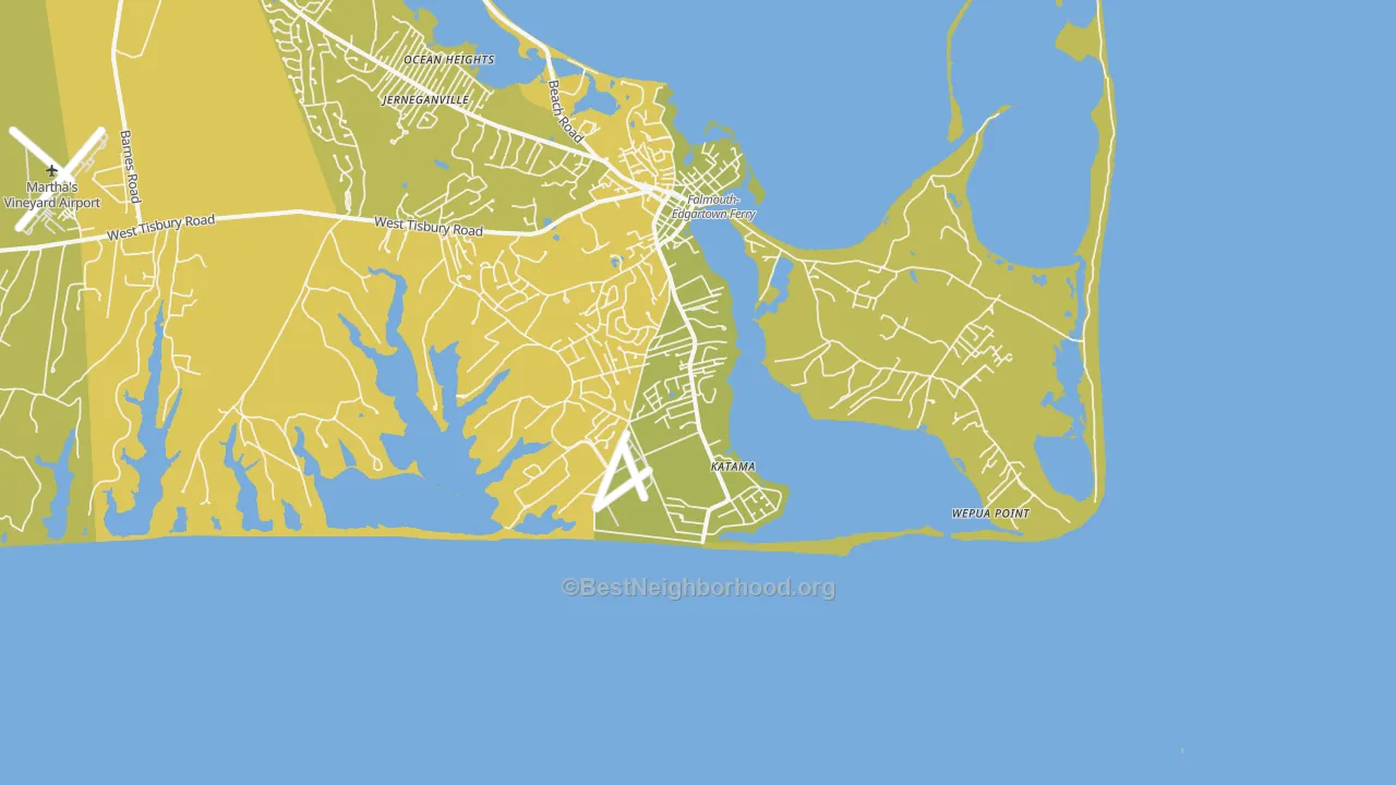 Map of the best neighborhoods in the Katama area, with better matches in green and worse matches in red