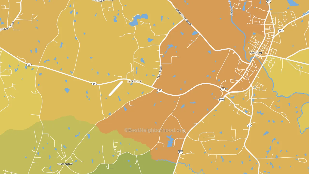 Map of the best neighborhoods in the Katesville area, with better matches in green and worse matches in red