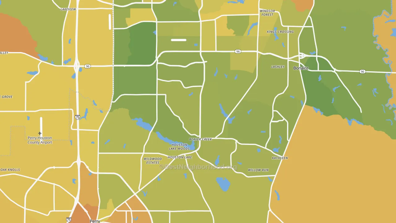 Map of the best neighborhoods in the Kathleen area, with better matches in green and worse matches in red
