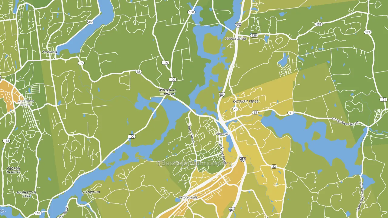 Map of the best neighborhoods in the Katonah area, with better matches in green and worse matches in red