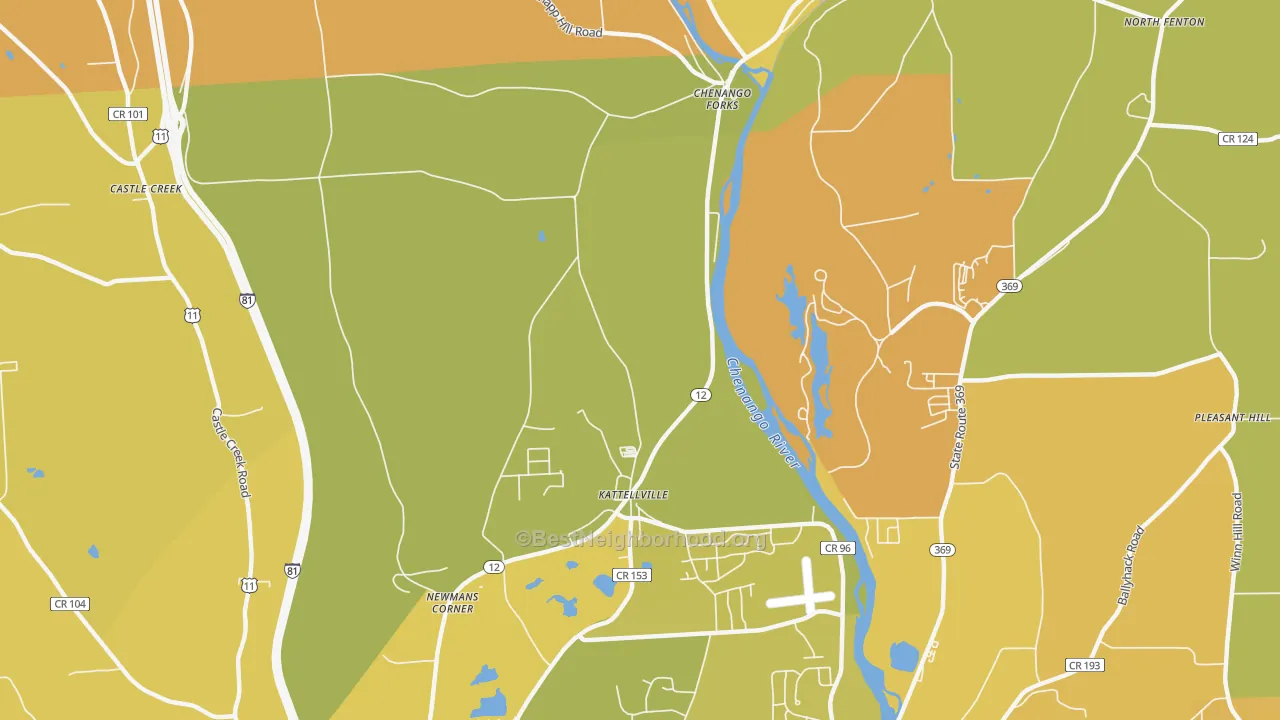Map of the best neighborhoods in the Kattelville area, with better matches in green and worse matches in red