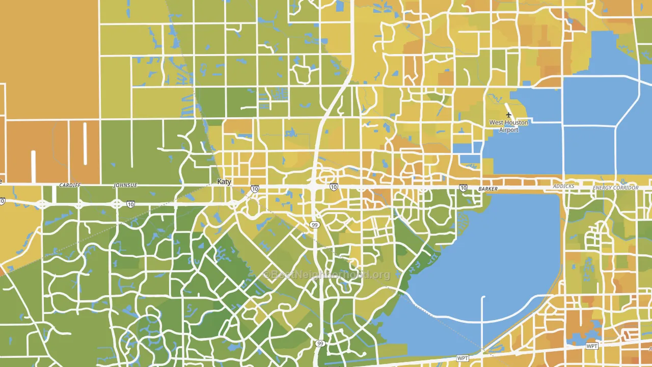 Map of the best neighborhoods in the Katy area, with better matches in green and worse matches in red