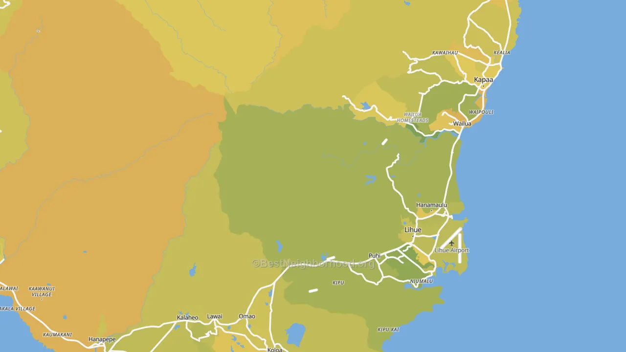 Map of the best neighborhoods in the Kauai County area, with better matches in green and worse matches in red