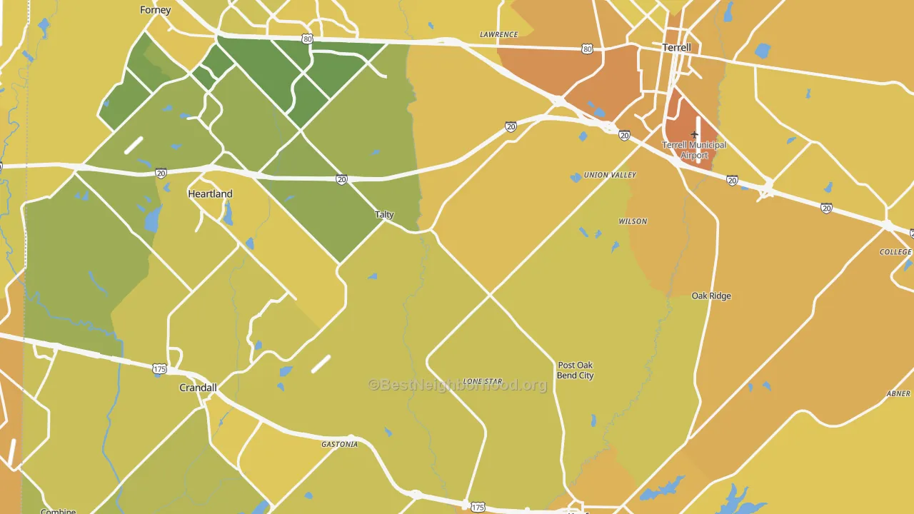 Map of the best neighborhoods in the Kaufman County area, with better matches in green and worse matches in red