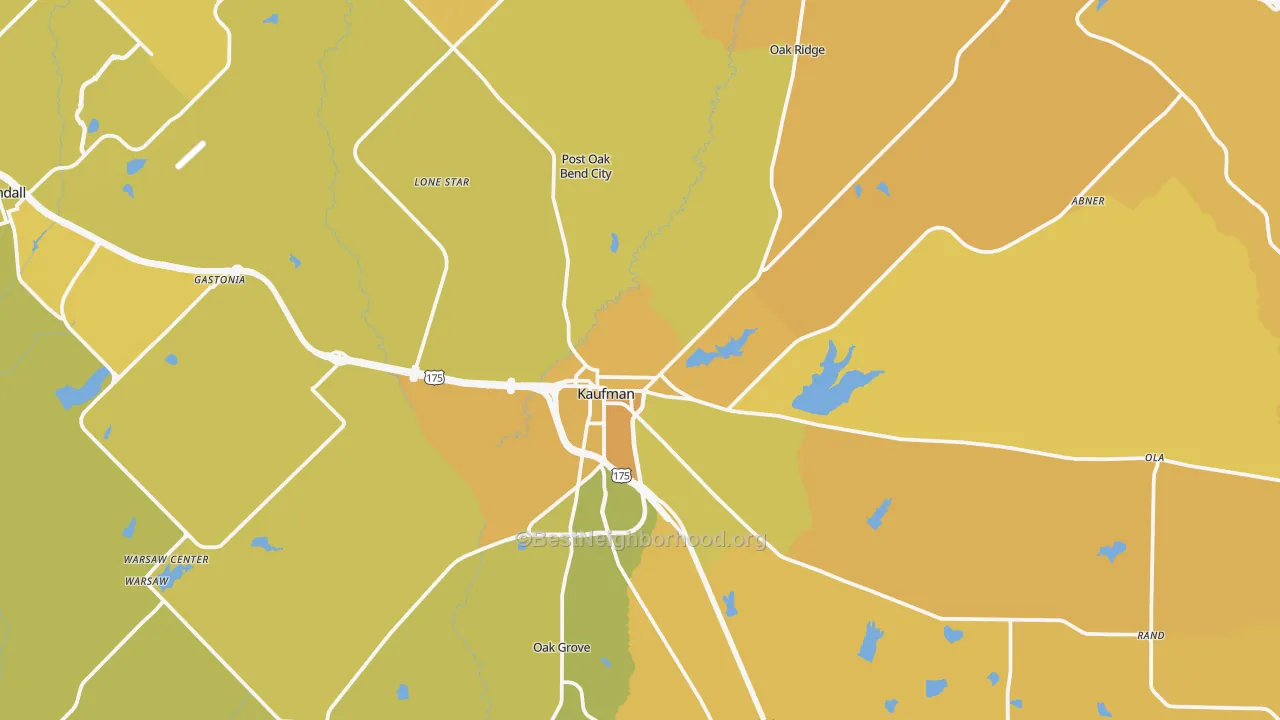 Map of the best neighborhoods in the Kaufman area, with better matches in green and worse matches in red