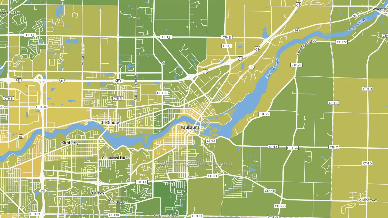Map of the best neighborhoods in the Kaukauna area, with better matches in green and worse matches in red