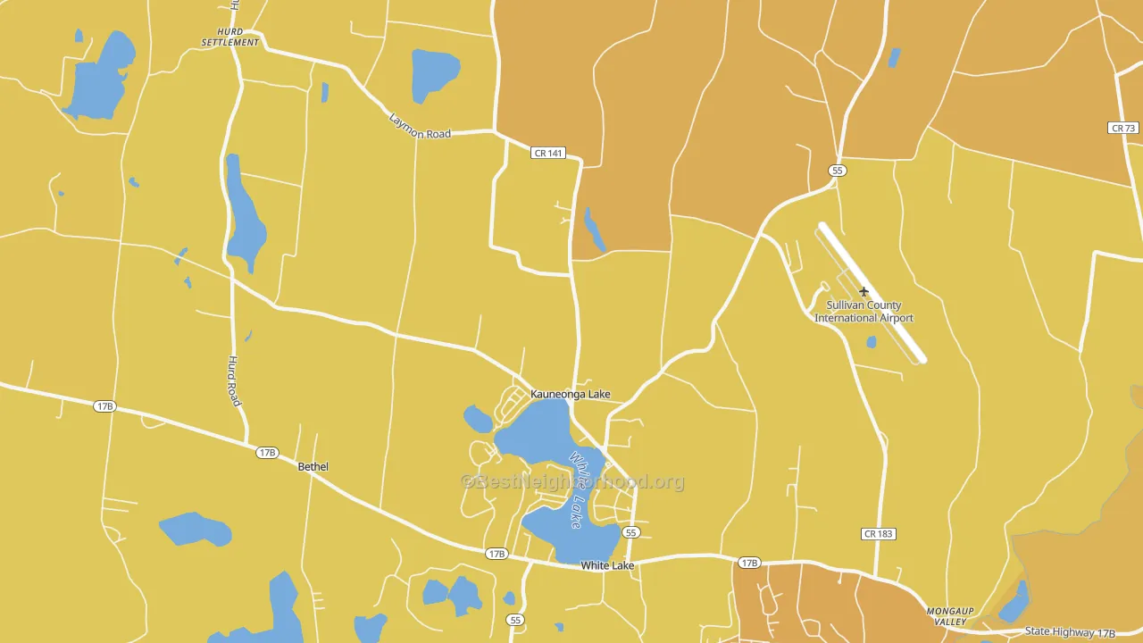 Map of the best neighborhoods in the Kauneonga Lake area, with better matches in green and worse matches in red